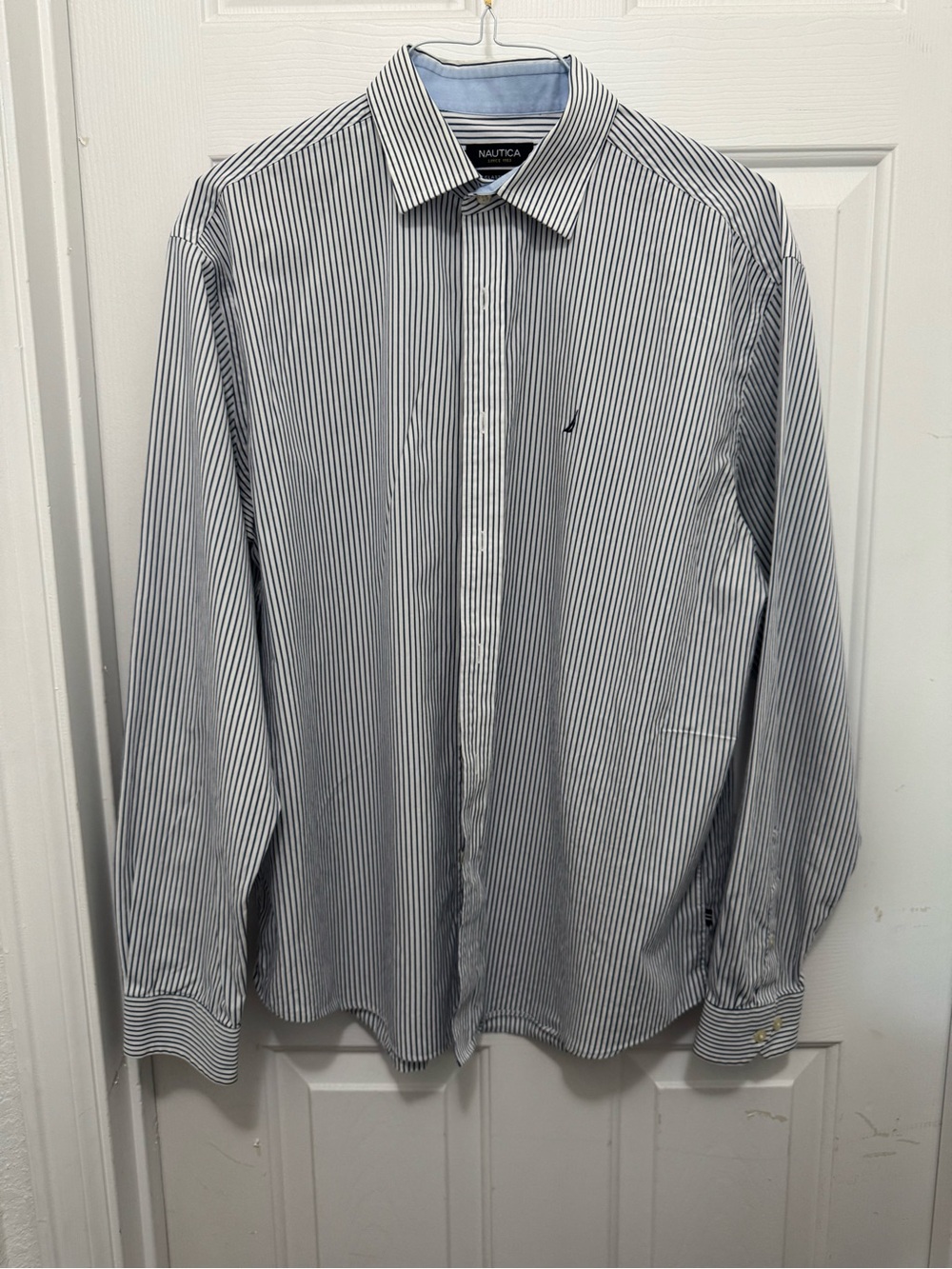 Nautica Navy and White Pinstripe Button-Up Dress Shirt